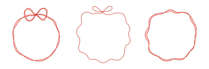 Set circle frames with ribbon and bows with wavy thin lines and space for text. Vintage set of decorative elements of round frames with bows. Cute borders for invitations and holidays 