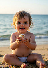Little Child Holding Seashell on Beach