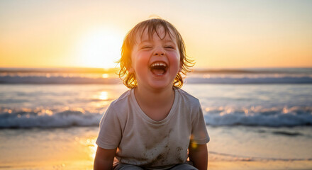 Little Child Laughing at Sunset Beach