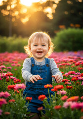 Little Child Playing in Flower Garden