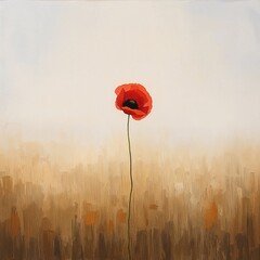 Single Red Poppy Flower Standing Alone in Empty Field in Minimalist Romantic Oil Painting Style