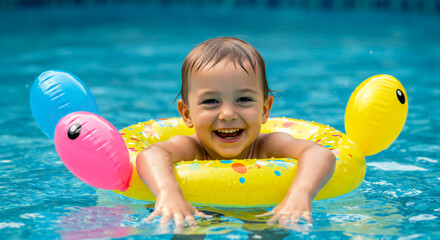 Little Child Playing with Inflatable Toys in Pool