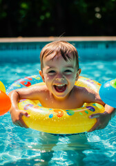 Little Child Playing with Inflatable Toys in Pool