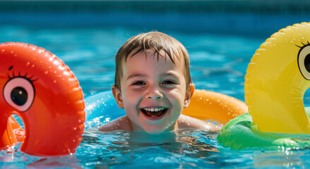 Little Child Playing with Inflatable Toys in Pool
