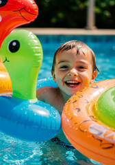 Little Child Playing with Inflatable Toys in Pool