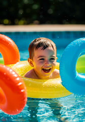 Little Child Playing with Inflatable Toys in Pool