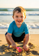 Little Child Playing with Sand on Beach