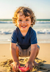 Little Child Playing with Sand on Beach
