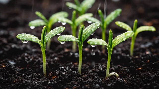 Close Up of Green Sprouts with Water Droplets Emerging from Dark Soil with Soft Lighting Young Plants New Life Seed Germination Growth and Beginning Fresh Start Gardening Concept 198 chars
