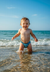 Little Child Playing with Waves