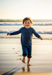 Little Child Running on Beach Shore