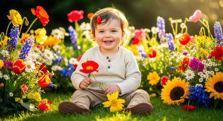 Little Child Sitting Among Colorful Flowers