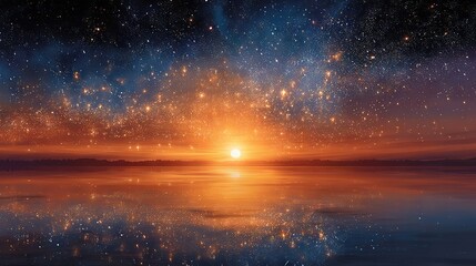 Fototapeta premium Magical transition scene where sunset sky blends with millions of glowing stars, dreamy and cosmic atmosphere ideal for fantasy, inspiration, and surreal artwork.