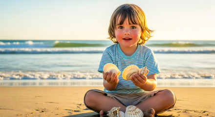 Little Child Sitting by the Sea with Seashells