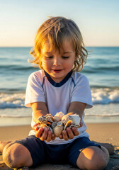 Little Child Sitting by the Sea with Seashells