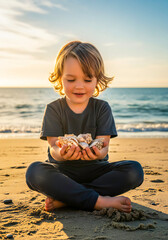 Little Child Sitting by the Sea with Seashells