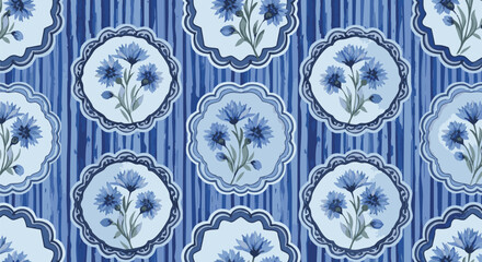 Seamless blue and white watercolor pattern with delicate cornflower medallions over a vibrant vertical striped background