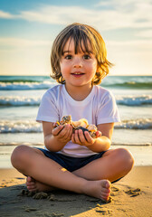 Little Child Sitting by the Sea with Seashells