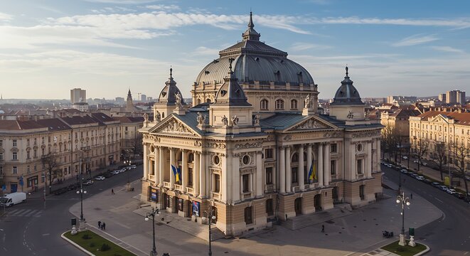 Grand architecture building with ornate details and skyline view under daylight