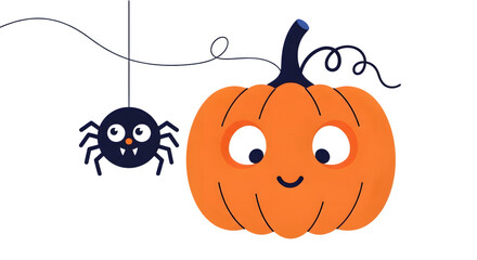 Cute cartoon spider and smiling pumpkin for halloween isolated on transparent background