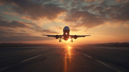 Airplane landing sunset