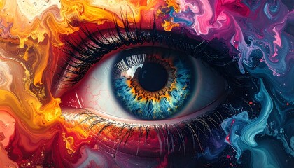 A mesmerizing, close-up view of a human eye where vibrant, swirling colors surround and reflect within the iris, enhancing visual impact