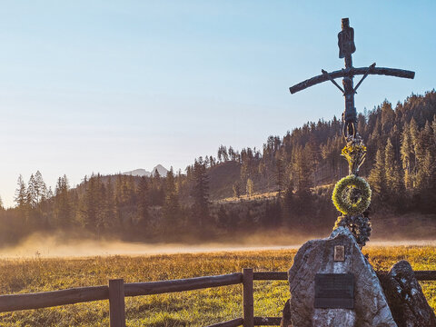 Cross at Chocholowska Valley with view at Giewont - Tatras - Poland