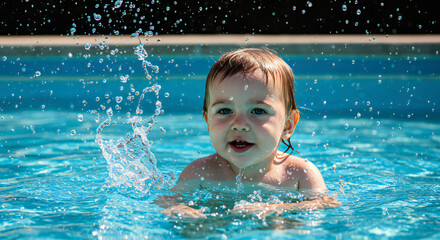 Little Child Splashing in Summer Pool