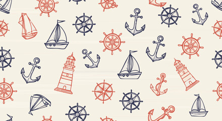 A charming seamless nautical pattern featuring hand-drawn anchors, ship wheels, lighthouses, and sailboats in classic red and blue