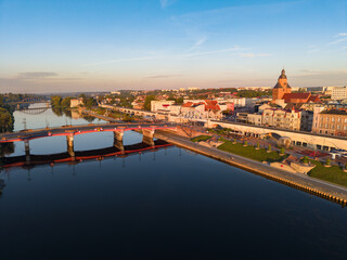 Aerial drone view of old town bridge and boulevard of Gorzów Wielkopolsi. Poland	
