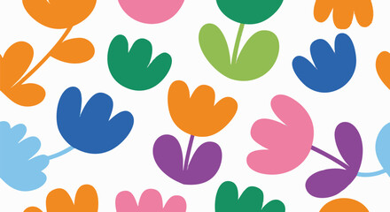 A cheerful and colorful floral pattern featuring abstract, stylized flowers in vibrant hues of orange, green, blue, pink, and purple on a white background