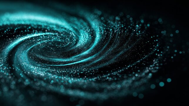 Abstract turquoise particle spiral vortex with glowing cosmic dust on dark background