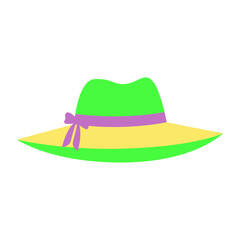 Vibrant green and yellow wide-brimmed sun hat with a purple ribbon accent