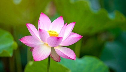 A vibrant, close-up photograph captures a blooming aquatic flower, featuring soft pink petals and a bright yellow center. Green foliage surrounds
