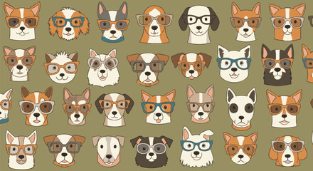Obraz premium Seamless pattern of cartoon dog faces wearing glasses on a green background