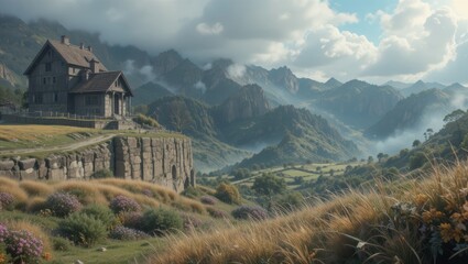 Serene Landscape Featuring a Historic House Surrounded by Mountains and Lush Meadows