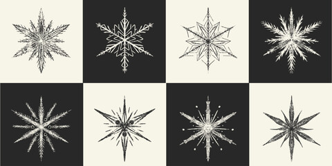Chalk hand drawn grunge snowflakes set. Sketch crayon frosty crystals. Winter doodle pastel textured decoration, whimsical detailed snow ornament. Christmas, seasonal art. Vector illustration isolated