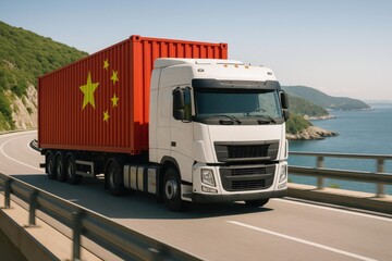 White semi-truck with red shipping container painted with China flag traveling along scenic coastal road, symbolizing trade and logistics.
