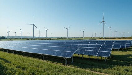 Expansive Field of Solar Panels and Wind Turbines Under Clear Blue Sky in Rural Landscape