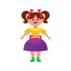 Cute girl with pigtails wearing a yellow shirt and purple skirt with a bow