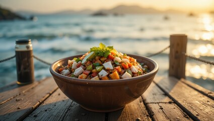 Colorful Fresh Salad in a Bowl on a Wooden Table by the Sea at Sunset