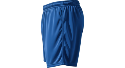 A close-up studio shot of a pair of vibrant blue athletic shorts, isolated on white background.
