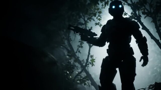 Mysterious Futuristic Soldier with Glowing Eyes in Dark Forest.