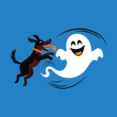 Happy dog and playful ghost having fun together on blue background vector illustration