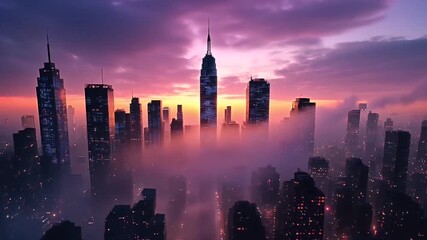 Skyscraper towers rising through city fog under purple sunset sky - Powered by Adobe