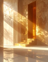Sunlit, golden interior with steps