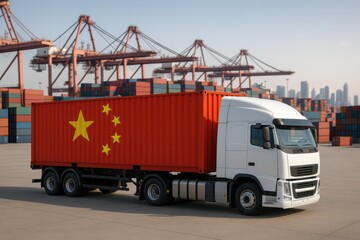 Chinese Cargo Truck at Container Port Terminal
