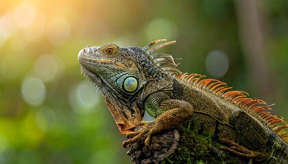Obraz premium A vibrant, close-up shot captures an iguana perched on a branch, basking in sunlight with lush green foliage blurred in the background