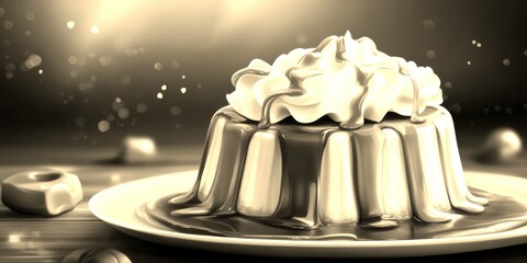 Delicious caramel dessert with whipped cream on top in a warm, inviting setting