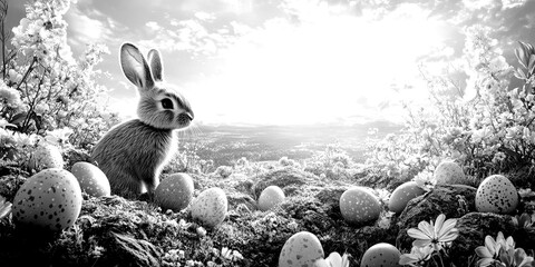 Rabbit in a field among Easter eggs and blooming flowers during a spring morning